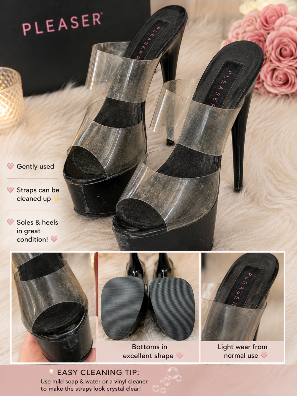 Pleaser Black Platform Stiletto Heels with Clear Straps